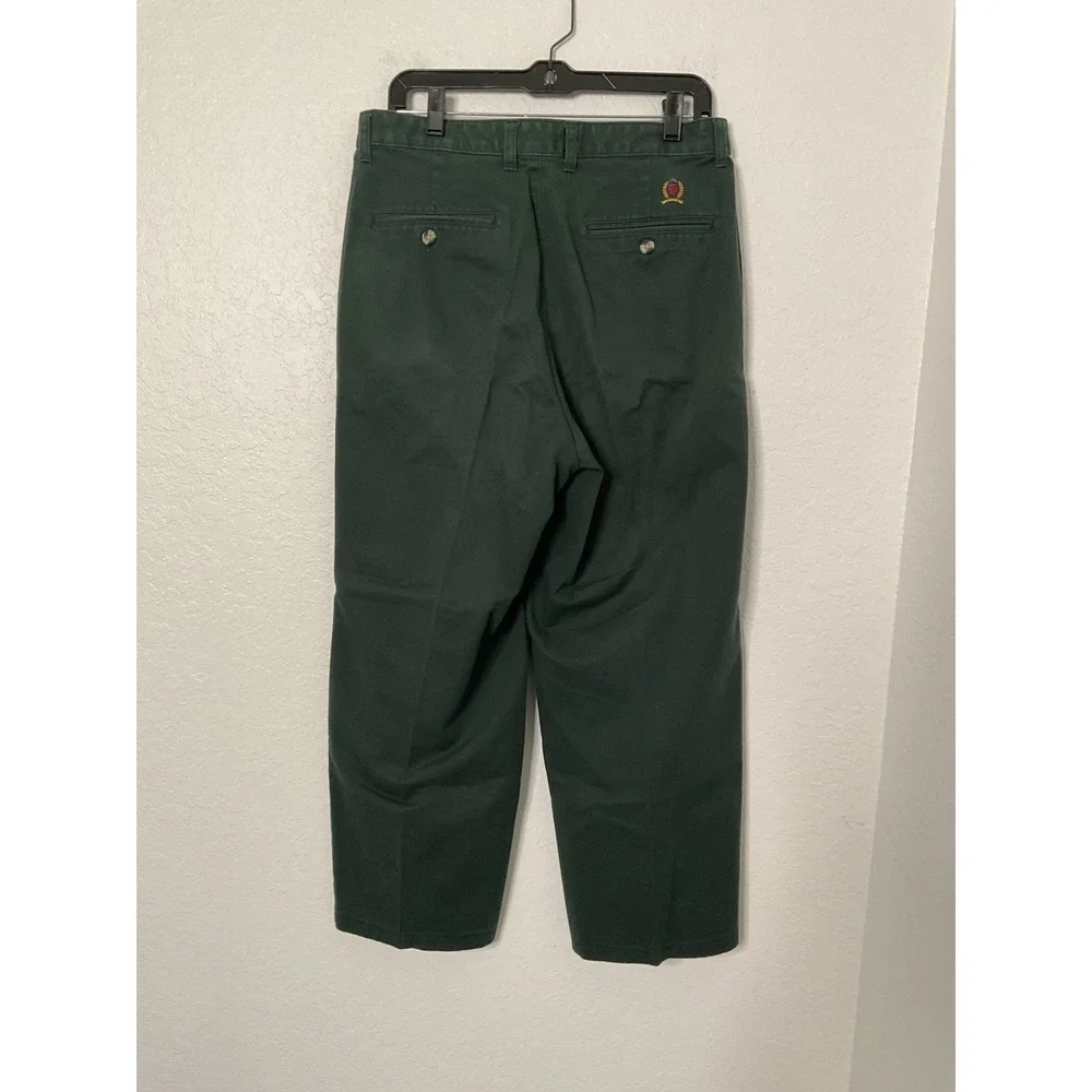 VTG 90s TOMMY HILFIGER Men's 33x26 Flag Tag Chino Pleated Cuffed Pants Green